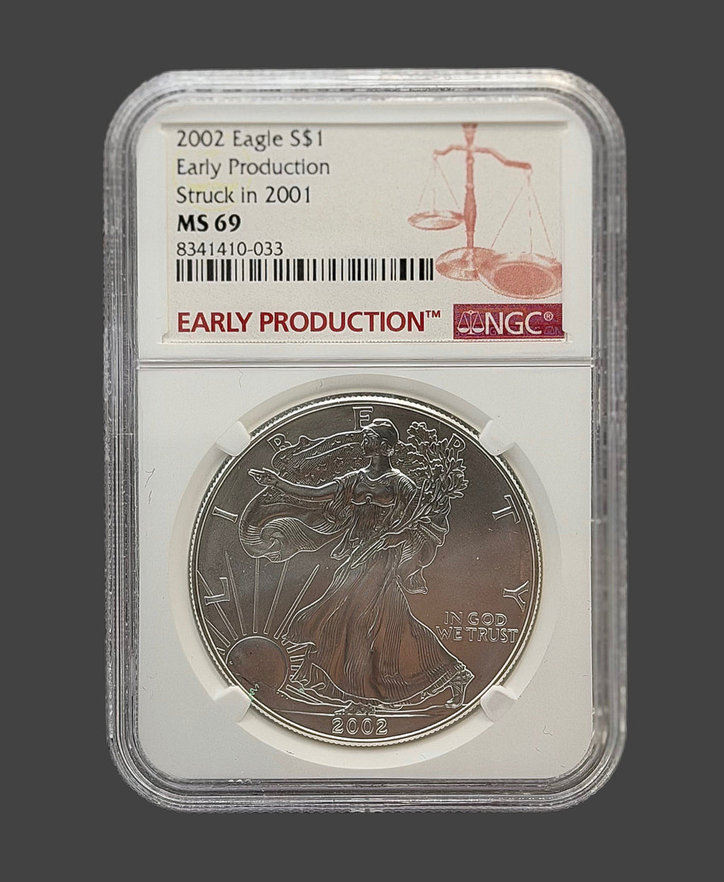 2002 early production struck in 2001 MS69 silver eagle