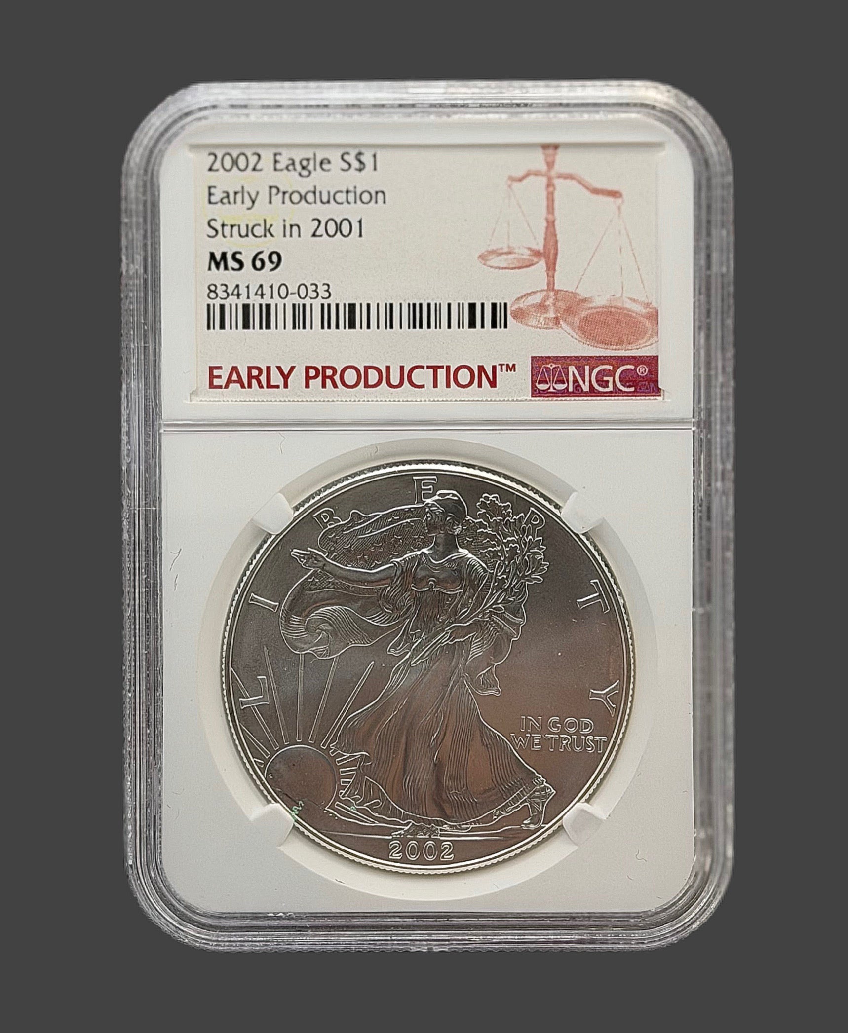 2002 early production struck in 2001 MS69 silver eagle